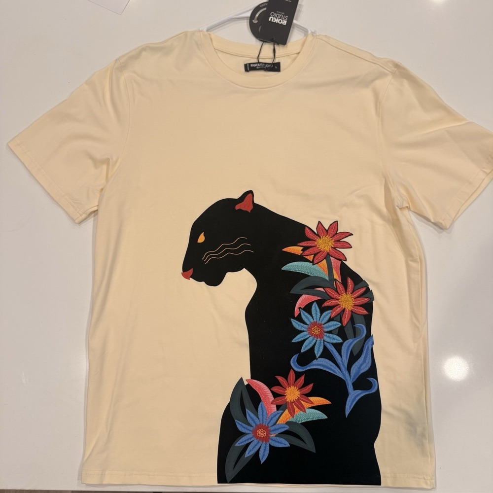 Roku Studio Black‎ Panther Flower Premium Embroidered Tee Shirt New Sz L